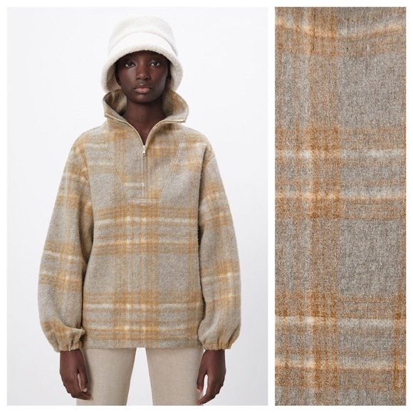 NWT. Zara Tan/Grey Wool Blend Plaid Sweatshirt. Size L. - Picture 2 of 14